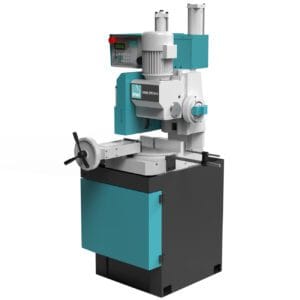 Green and black imet sirio semi automatic circular saw for cutting metal. Image shows button controlled control panel, manual clamps and pedestal on a white back ground