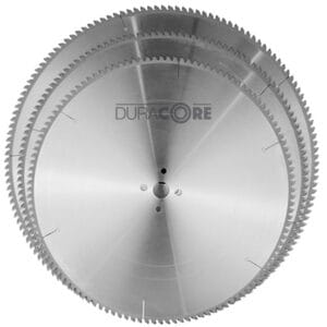 Duracore TCT circular saw blades for aluminium stacked in different sizes.