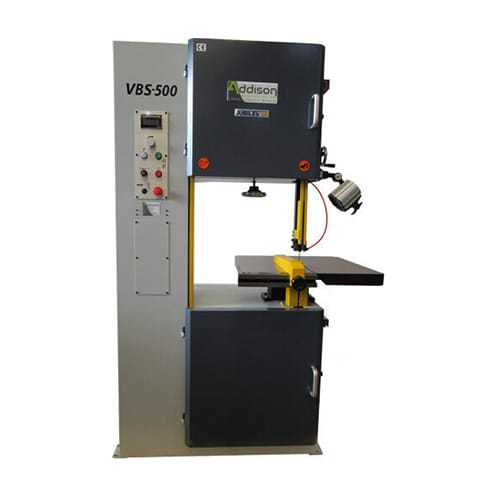 Image of a VBS 500 vertical bandsaw for cutting metal. The bandsaw features a working light and tilting table