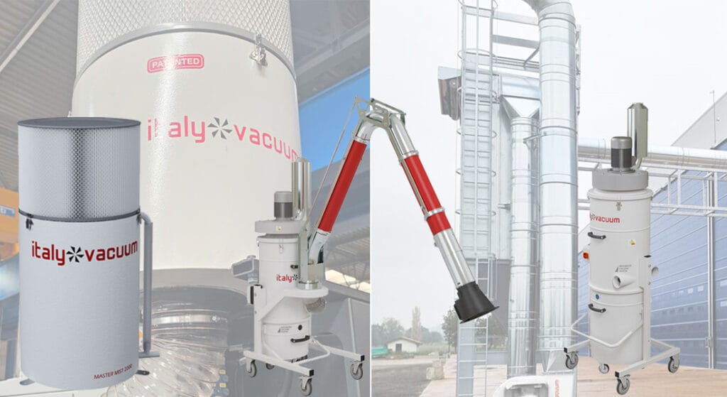 Split image featuring 3 types of industrial extraction systems for manufacturing facilities using sawing machinery.
