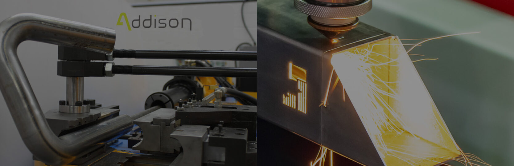 Split image showing a mandrel tube bending machine with a bent piece of steel tube, and a tube cutting laser machine cutting shapes out of rectangular tube